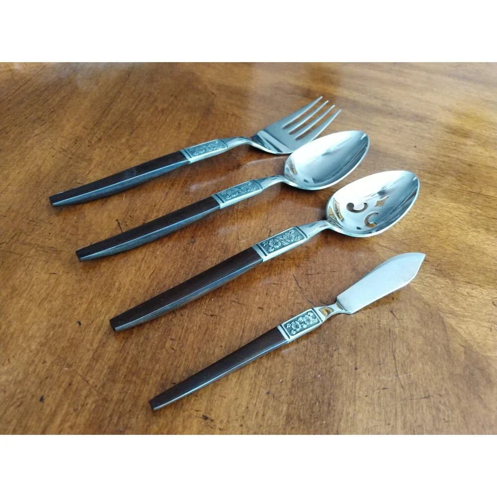 Lot 4x Serving Pieces Ekco Eterna La Joya Stainless Faux Wood Flatwar MCM EKS14
